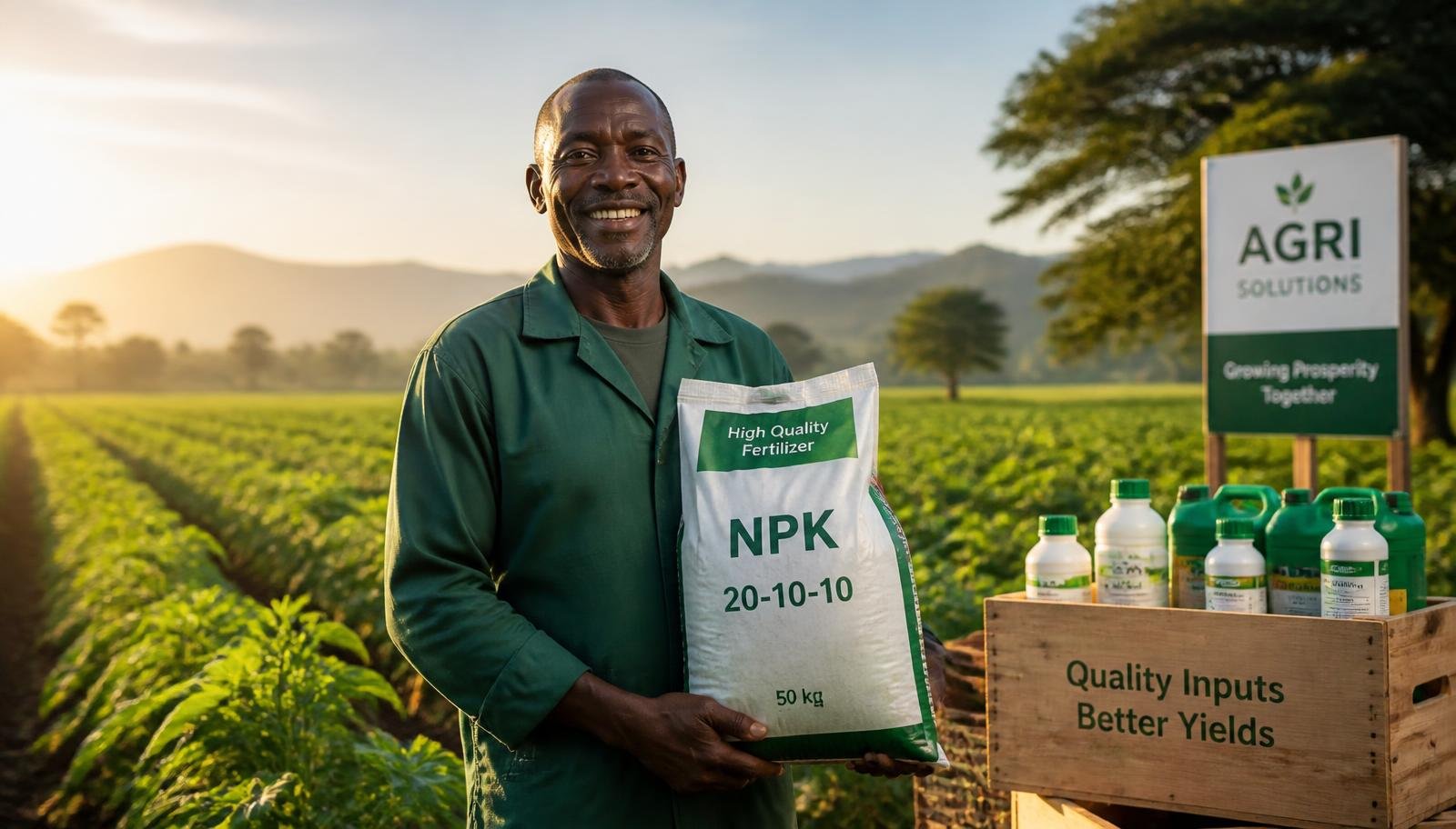 Farmer holding a bag of fertilizer beside crates of agrochemical products